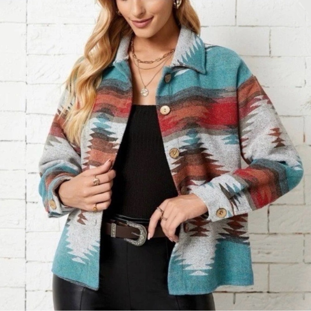 Emery Rose Large Button Front Shacket Jacket ~ Aztec Boho Bohemian Southwestern